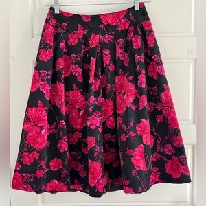 Talbots Silk Pleated Black Pink Floral A-line Skirt Occasion Modest Size 10